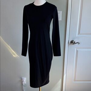 NEW ZARA Black Long Sleeve Midi Dress Crew Neck Bodycon Minimalist SleekSize M